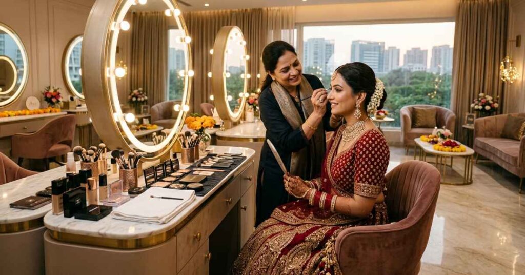 Bride getting luxury bridal makeover at Eikon Luxury Salon Gurgaon