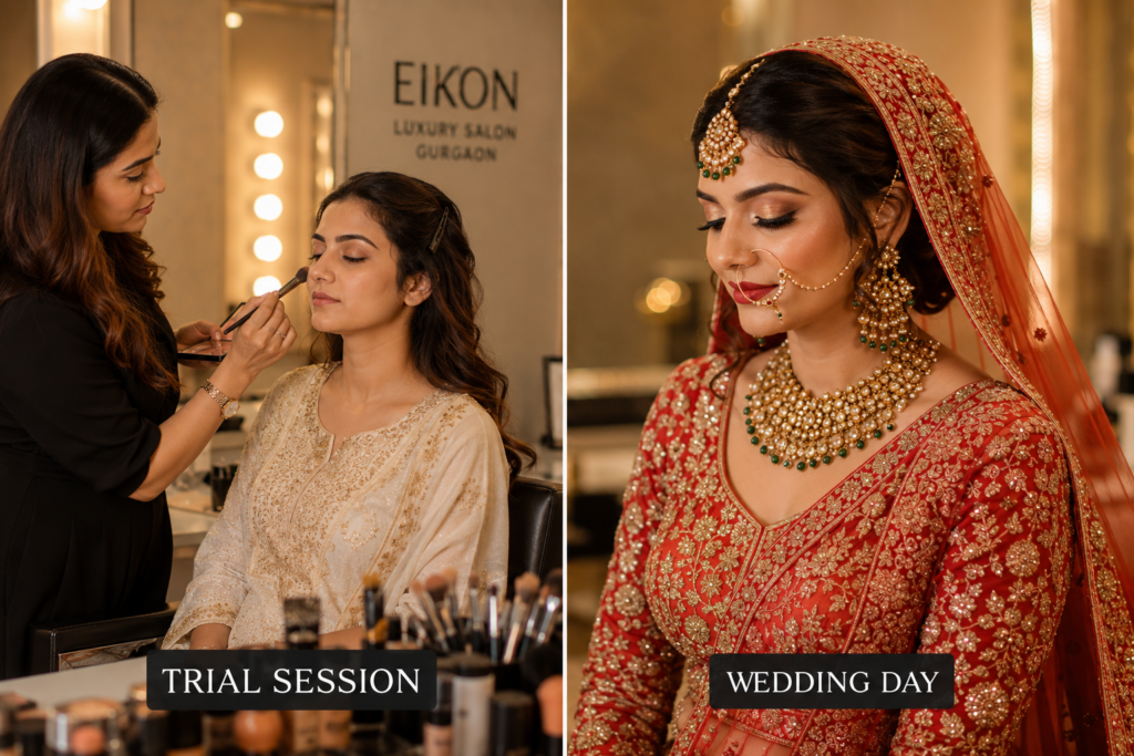 Bride getting bridal trial makeup done at Eikon Luxury Salon Gurgaon