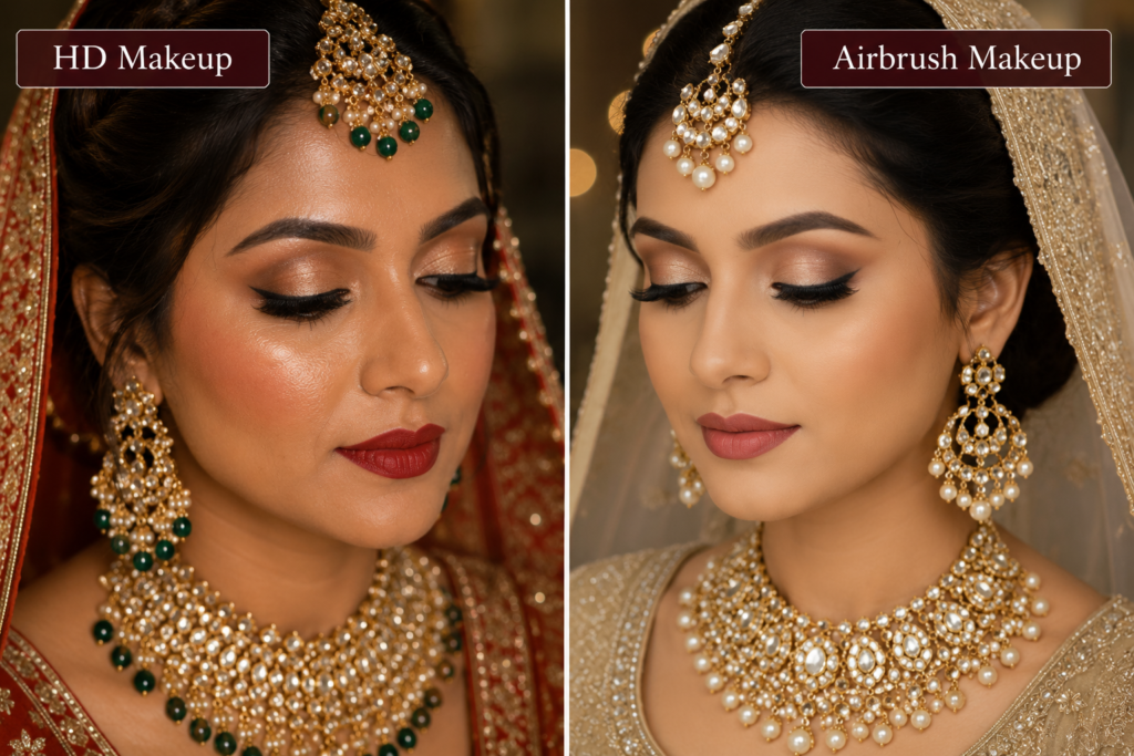 Side-by-side comparison of HD bridal makeup vs airbrush bridal makeup finish